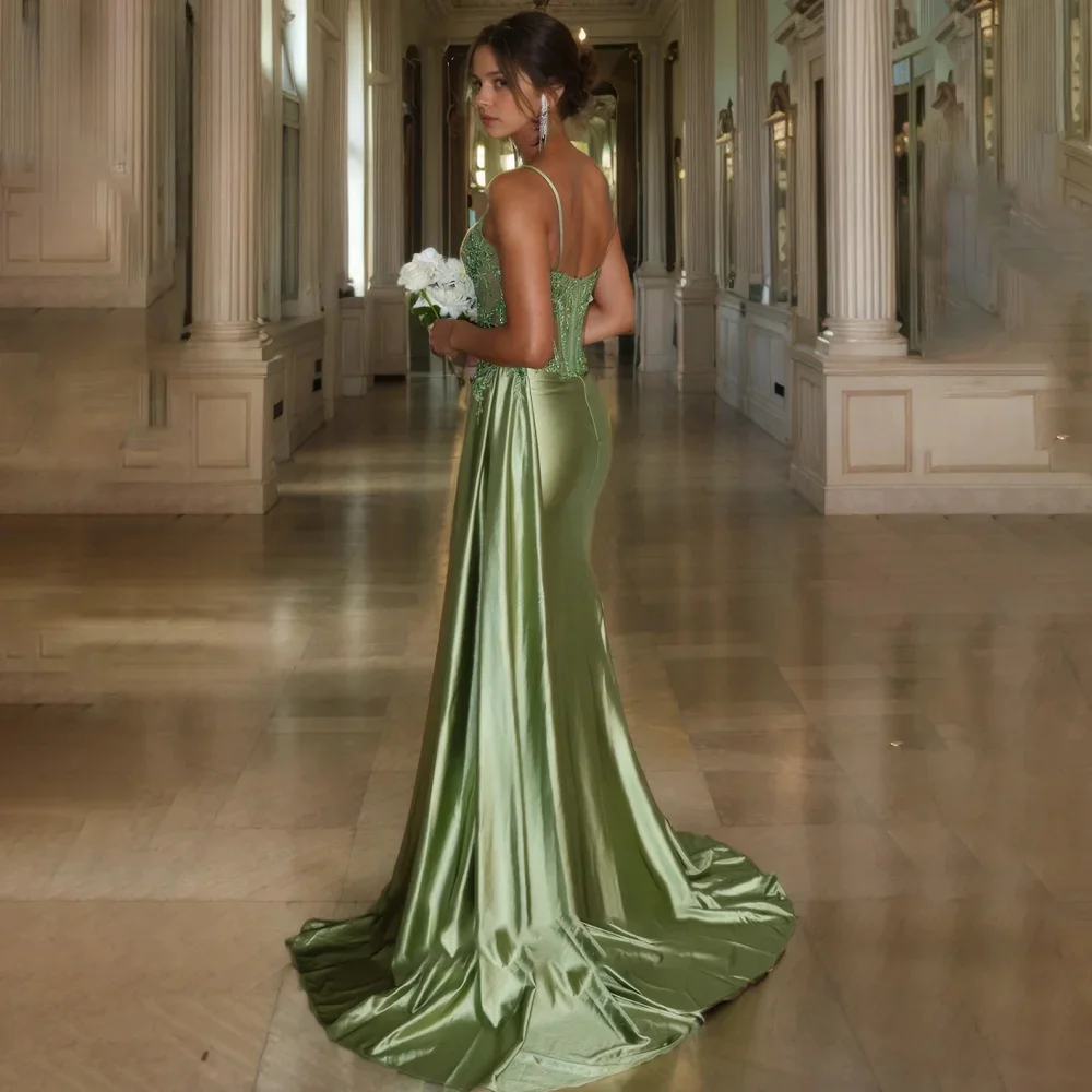 مثير مخصص التدابير العربية السعودية الأخضر مثير فساتين السهرة الحبيب فستان سهرة مجوف مع هيكل السمكة الساتان الجانب عالية Spli