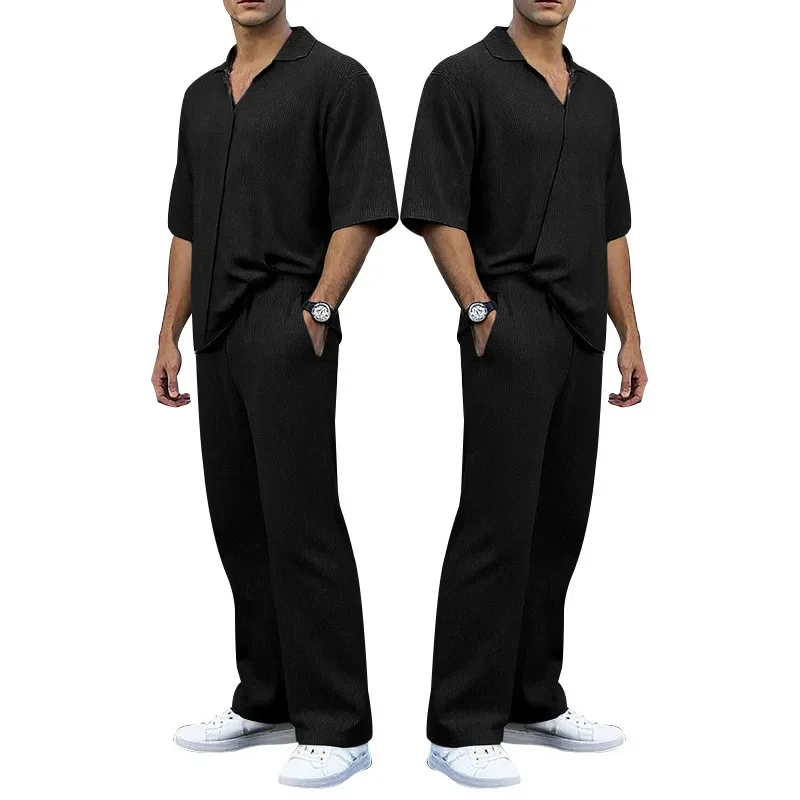Pop Summer Men's Suit Solid Color Simple Style Men's Clothing Turn-down Collar Short Sleeve Long Pants Men's Casual Two-piece Se