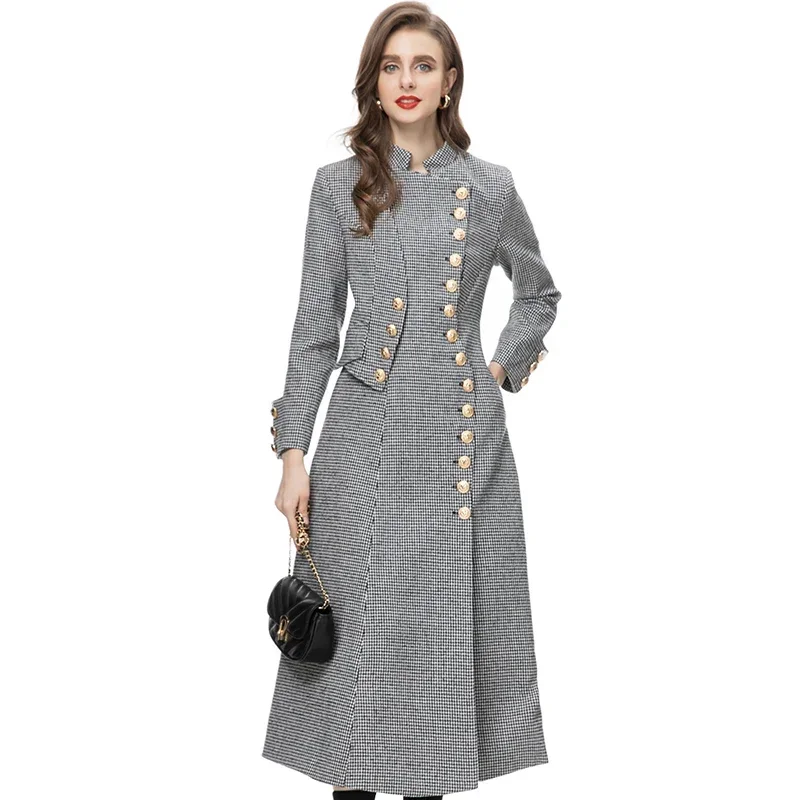 

ZOZO Winter Fashion Designer Silver Vintage Thick Blend Coats Women Turtleneck Button High Waist Slim Long Blend Coat