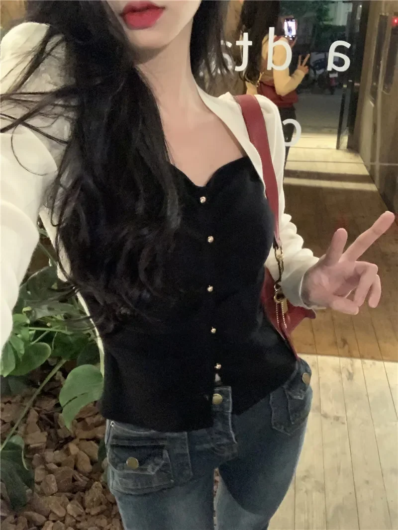 

Contrast Color Jumper Fashion Patchwork Sweater Women Square Collar Puff Sleeve Tunic Sueter Mujer Folds Knit Cropped Pullovers