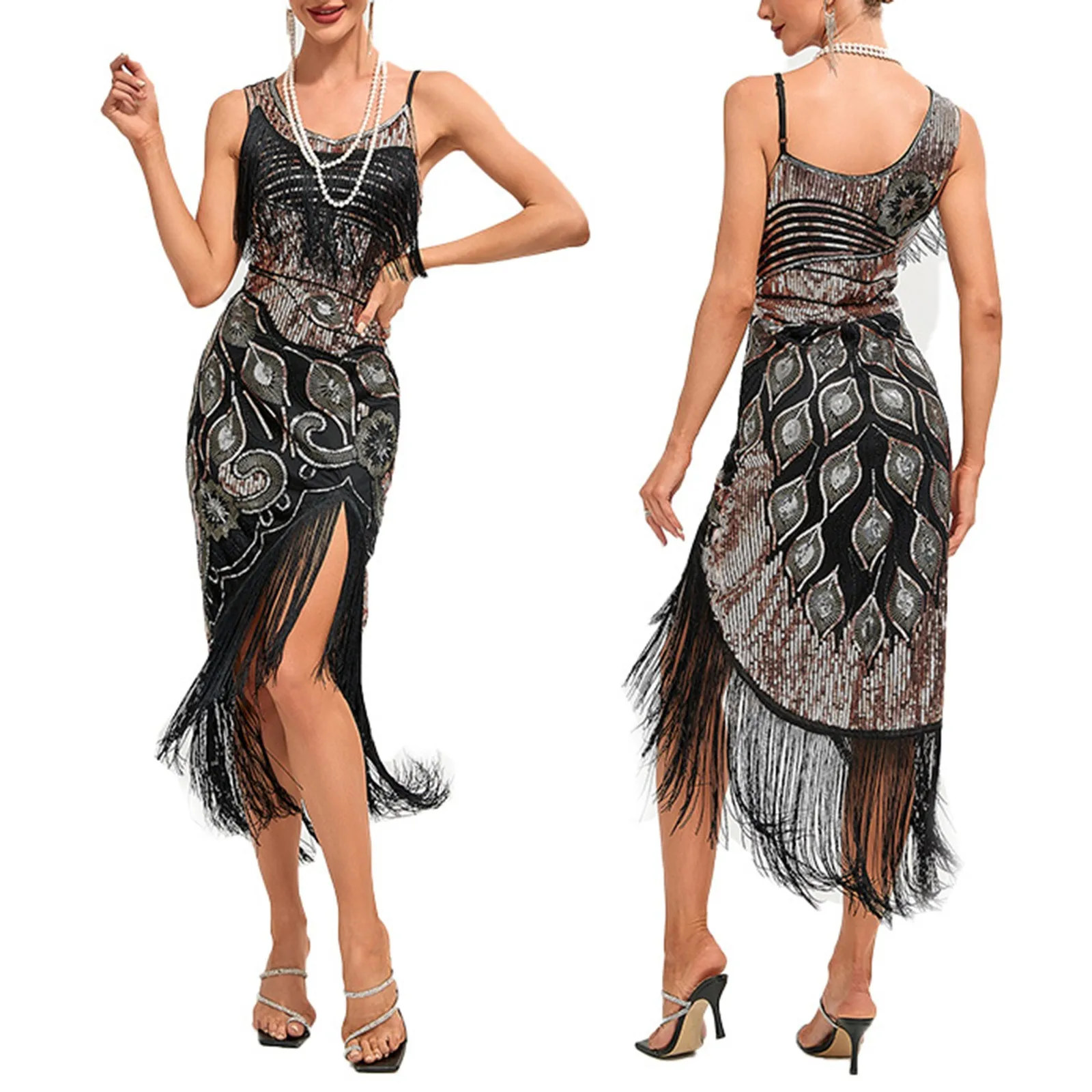 Frauen 1920er Jahre Flapper Kleid Vintage große Gatsby Charleston Party kleid O-Neck Cap Ärmel Pailletten Quaste Cocktail kleider 1920