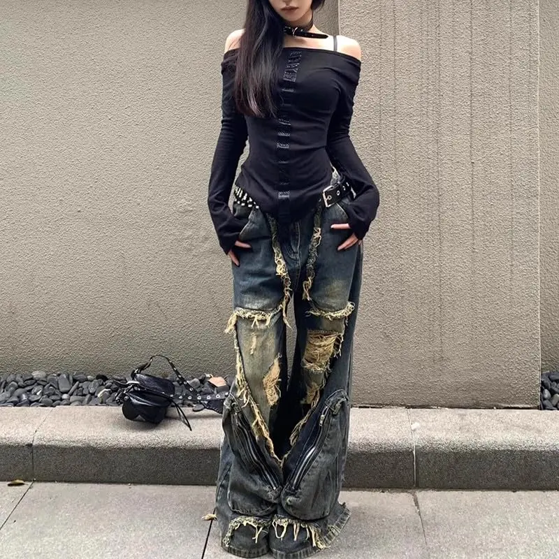 

Y2k Ретро нишевые мешковатые деконструктивные рваные джинсы с кисточками, мужские и женские рабочие брюки с большими карманами