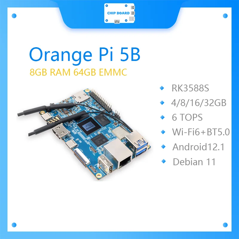 

Orange Pi 5B, 8 ГБ ОЗУ + 64 ГБ EMMC, 64-битный Rockchip RK3588S, двухдиапазонный встроенный WIFI + BT Gigabit Lan Port, мини-ПК, одноплатный компьютер