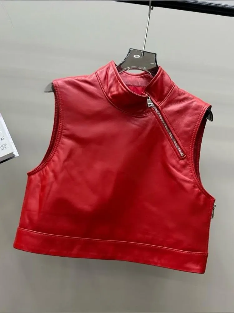 Women Genuine Leather Vest Harajuku Stand Collar Sleeveless Pullover Jacket Solid Color Zipper Lady Casual Waistcoat Streetwear