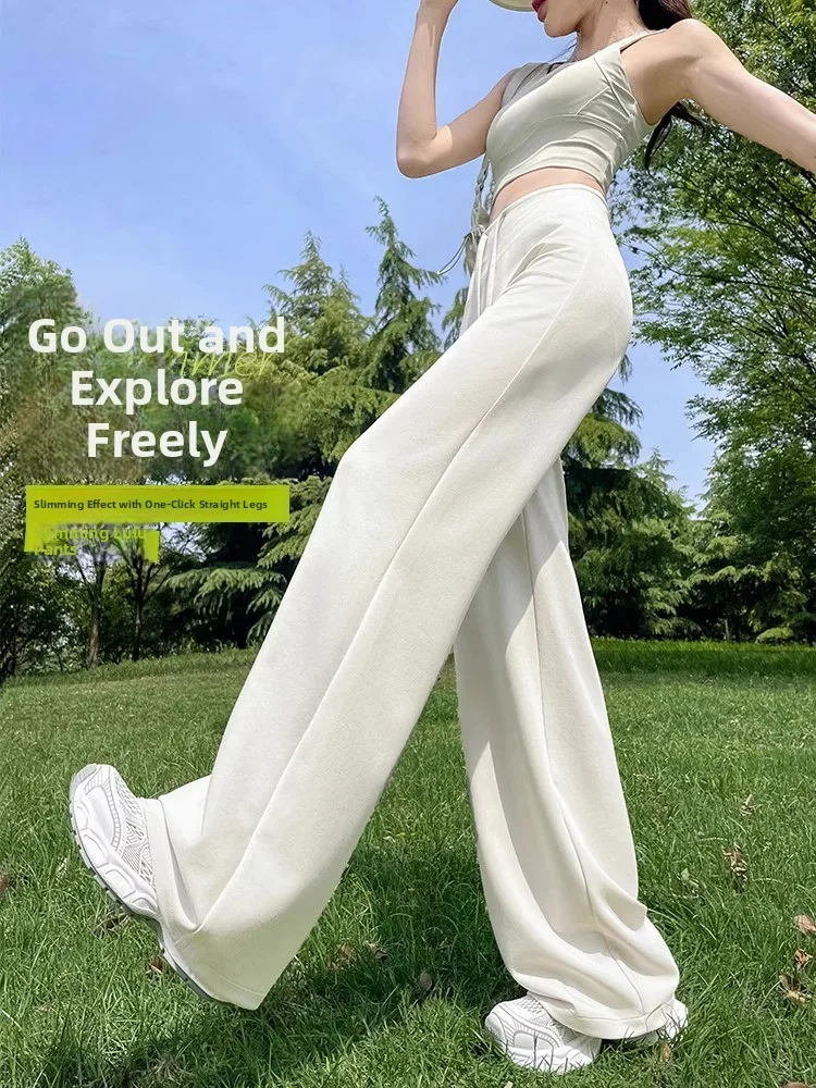 Modne spodnie damskie z wysokim stanem i szerokimi nogawkami, letnie, cienkie, z jedwabiu lodowego, luźne spodnie do jogi, szybkoschnące, chroniące przed słońcem, o prostym kroju.
