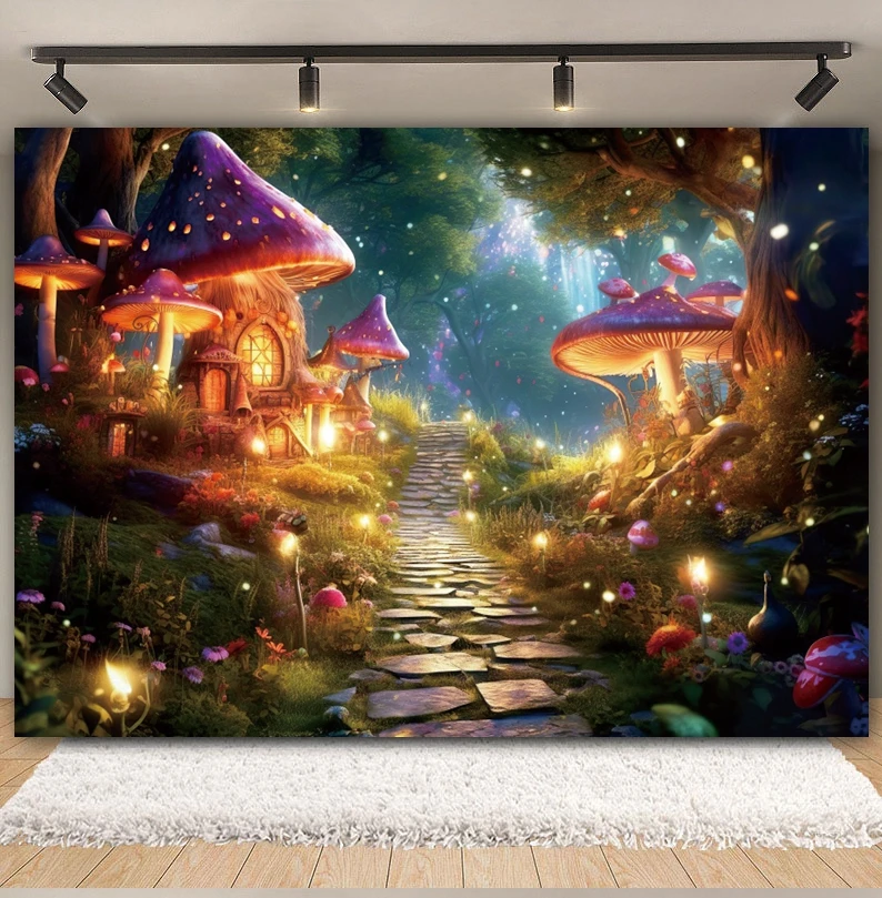 Fairy Tale Enchanted Forest Backdrop Dreamy Mushroom Jungle Wonderland Baby Birthday Party Photography Background Photo Studio