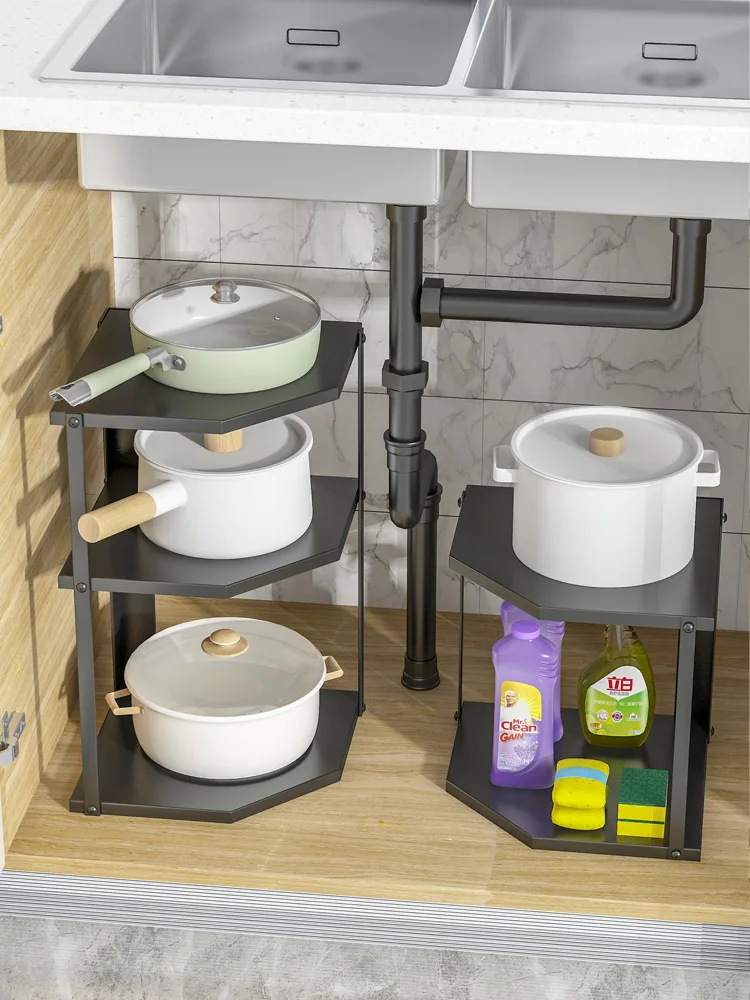 Kitchen Tri-legged Pot Holder Sink Multi-layer Pot Rack Cabinet Pot Layered Shelf Storage Rack  Style Japanese Design