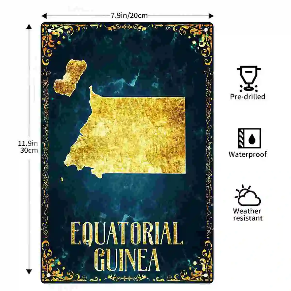 2D FLAT 1pc Equatorial Guinea Gold Map Metal Wall Sign Decoration for Home Cafe Garage Bedroom Porch And Garden