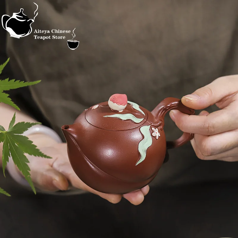 Yixing handmade purple clay teapot, raw ore, red skin, dragon mud, green leaves, longevity peach, Kung Fu tea set Chinese teapot