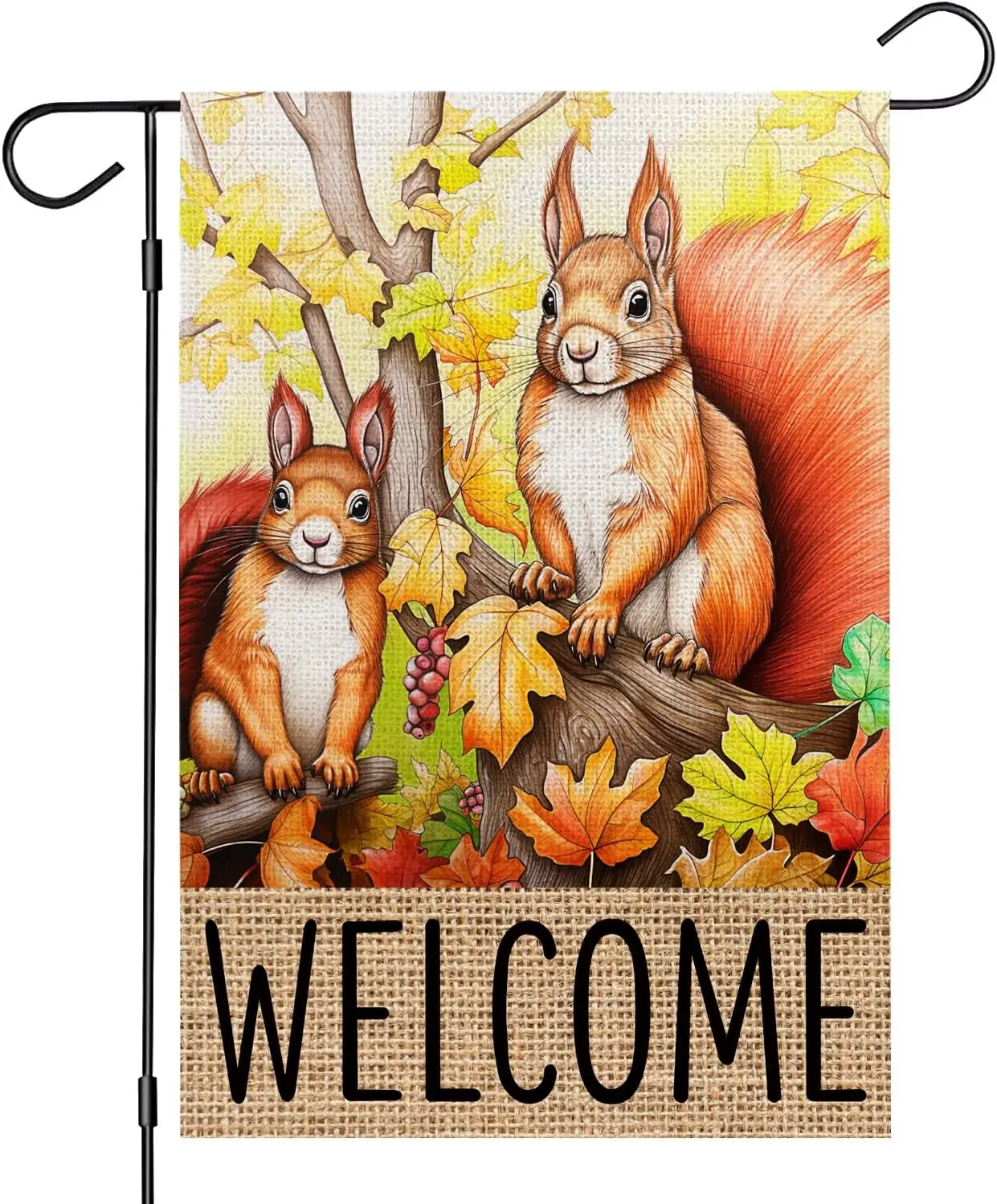 Fall Squirrels Garden Flag 12x18 Double Sided, Small Burlap Autumn Tree Maple Leaves Outdoor Yard Flag for Outside Decoration (F