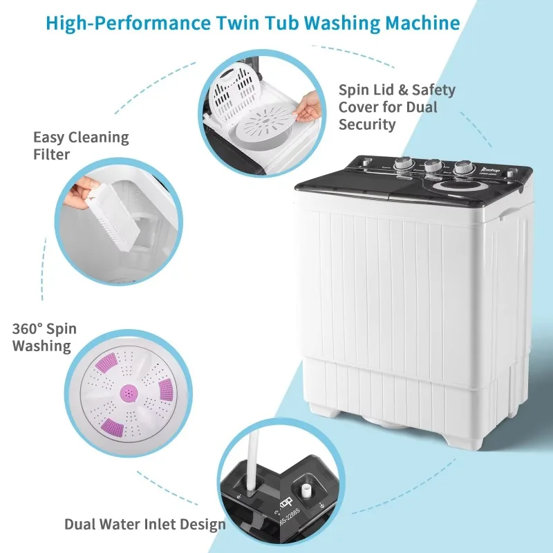 Washing Machine Twin Tub with Built-in Drain PumpSemi-automatic Twin Tube for Apartment  Dorms RVs  Camping and More