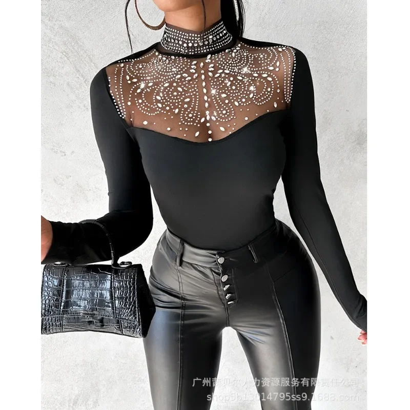 Patchwork Sexy Tshirts Tops See Through Trend Rhinestone Mesh Tshirt Top Women Long Sleeve Skinny Slim Fit Spring Sexy Tshirt