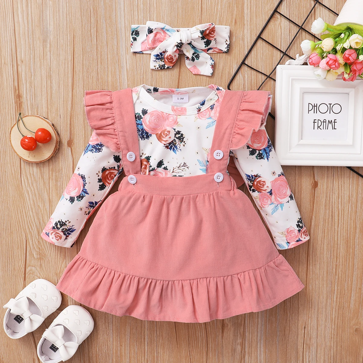 0-18 Months Newborn Baby Girl Clothes Set Floral Print Long Sleeve Romper Top + Suspender Skirt + Headband Cute 3PCS Outfit