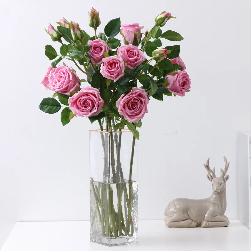 3Pcs Long Stem Feel Rose Flower Moisturizing Latex Real Touch Rose Artificial Flowers for Wedding Party Event Home Decoration