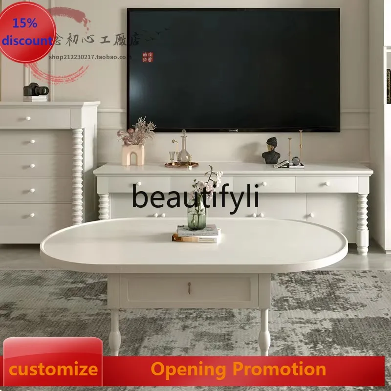 

American light luxury cream white solid wood oval coffee table simple small apartment living room with drawer tea table G1218
