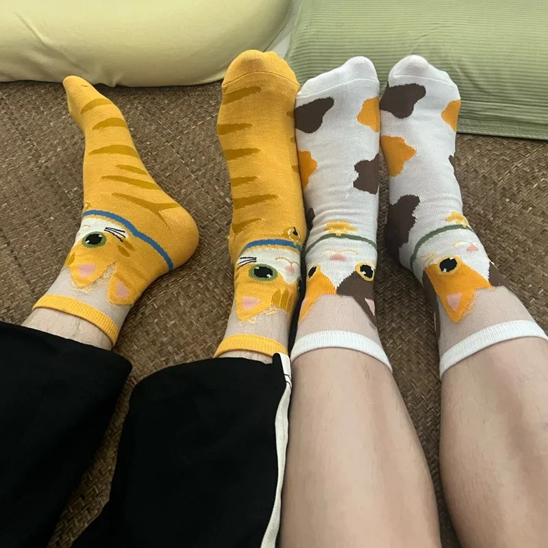 Cat Pattern Women Stockings Funny Cute Cartoon Kitten Sock Versatile Casual Trendy Mesh Sheer Splice Comfortable Mid Calf Sock