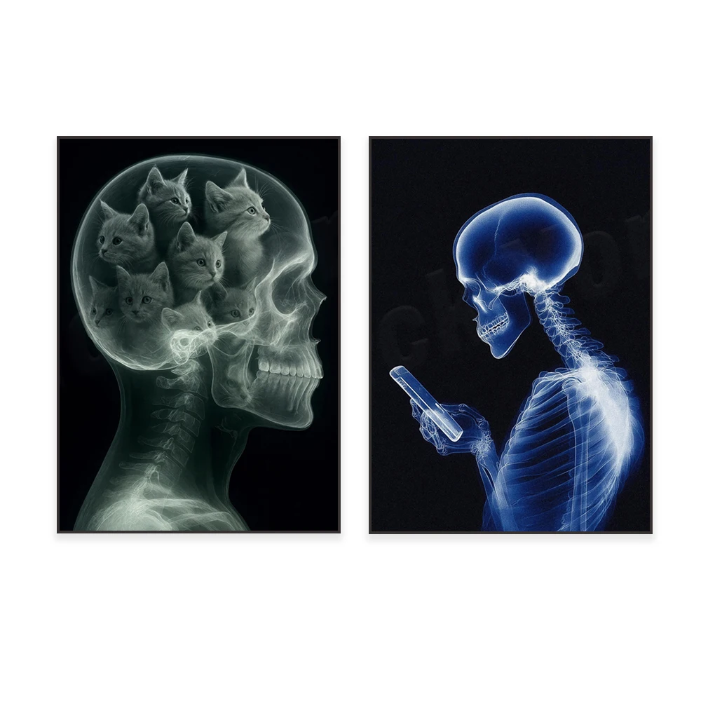 Fun cat X-ray art, cat-themed art, X-ray skeletal patterns, science-critical art, thought-provoking home decor posters.