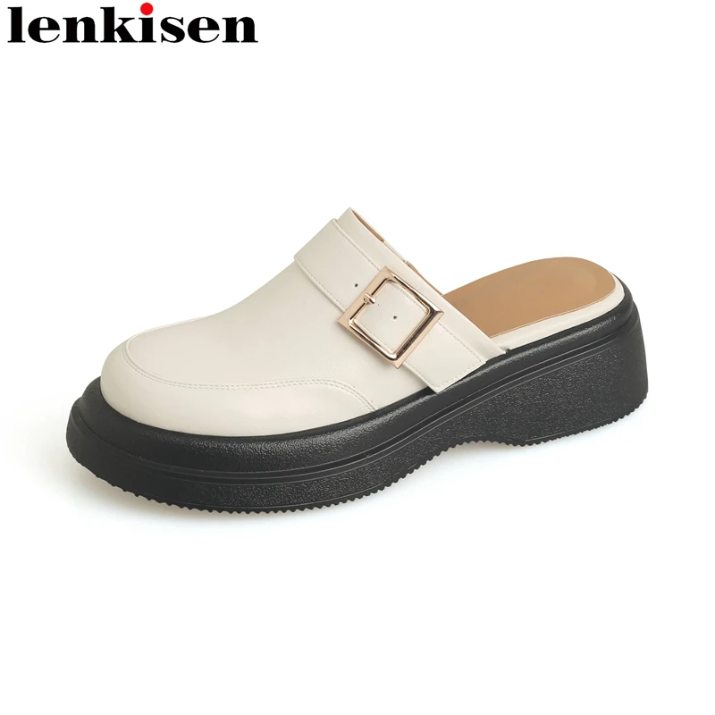 

Lenkisen 2023 Cow Leather Platform Mules Summer Shoes Elegant Fashion Slingback Brand Round Toe Women Casual Outside Slippers