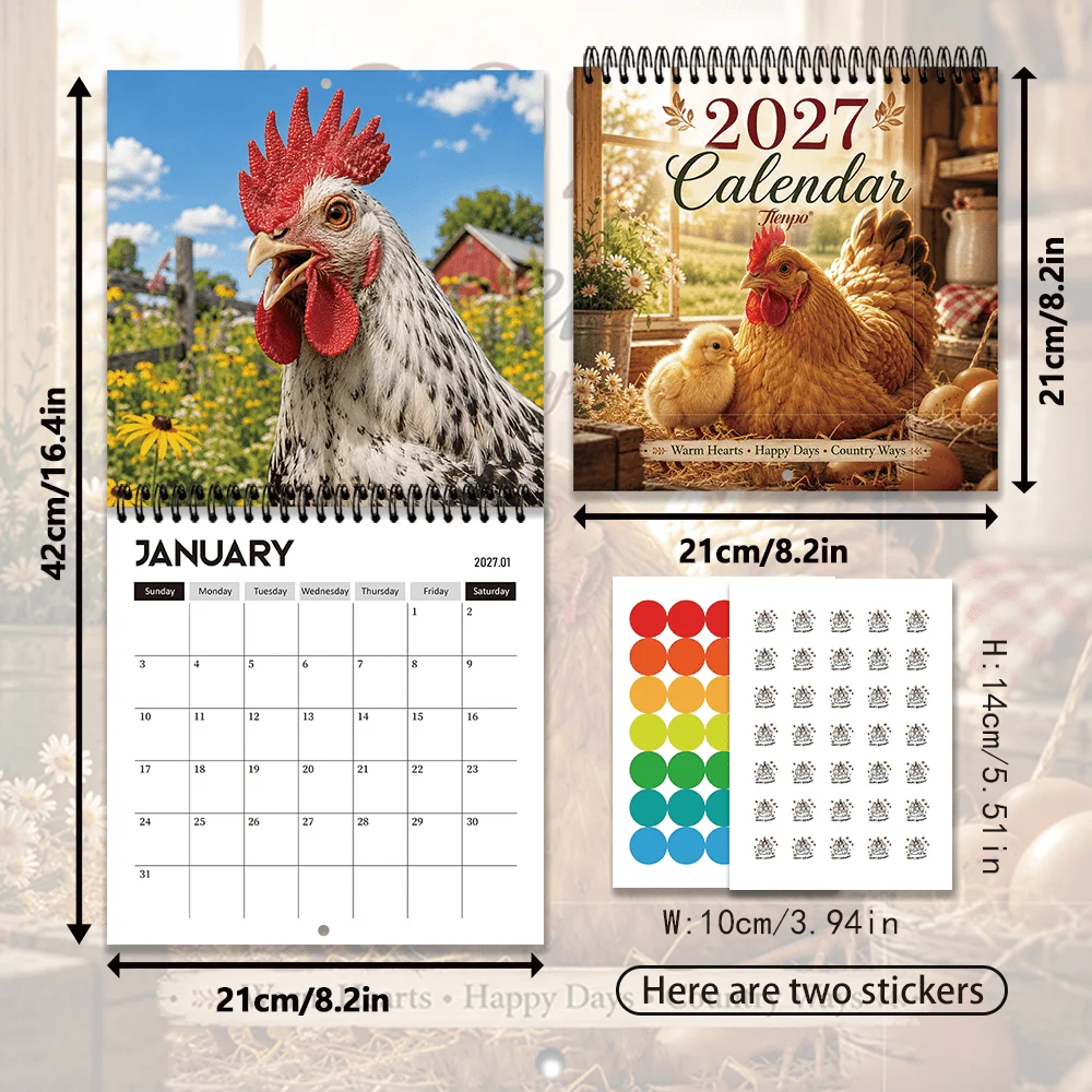 1pc 2027 Farm Hen Pastoral Wall Calendar,12‑Month Planner,Gift For Back‑to‑School,Christmas,New Year,Free Stickers Included