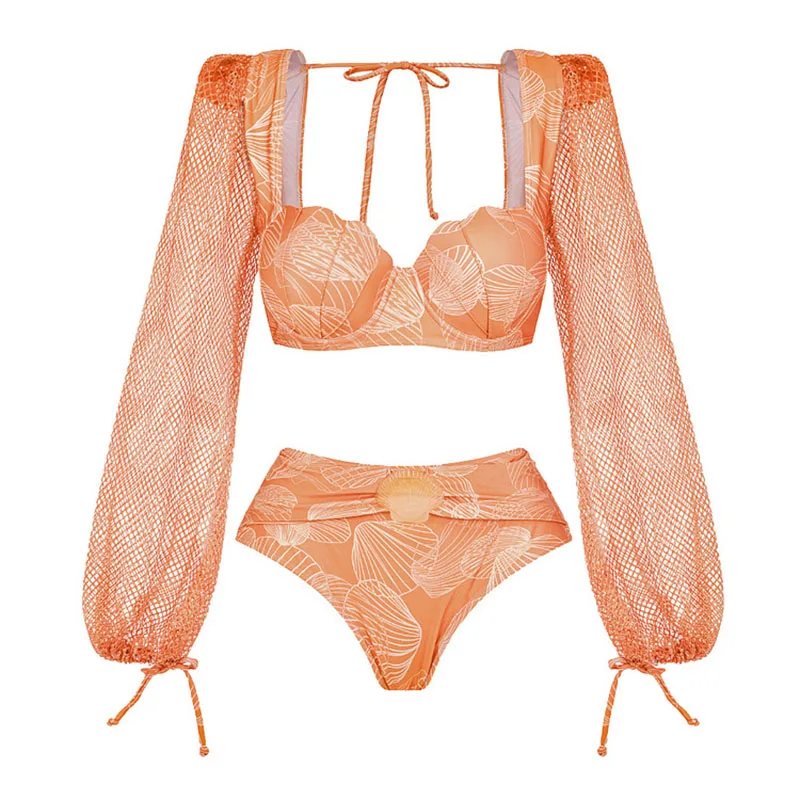 One-piece Women Swimwear Swimsuit Fashionable sexy swimsuits Beach Dress Style V-neck mesh Long-sleeve Shiny Shell Print