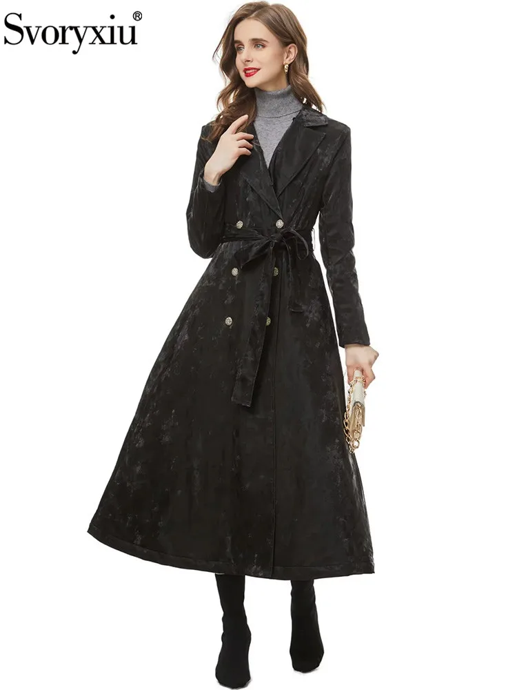 

Svoryxiu Fashion Runway Autumn Winter Black Long Style Overcoat Women's Fur Turn-down Collar Belt Slim Double Breasted Overcoat