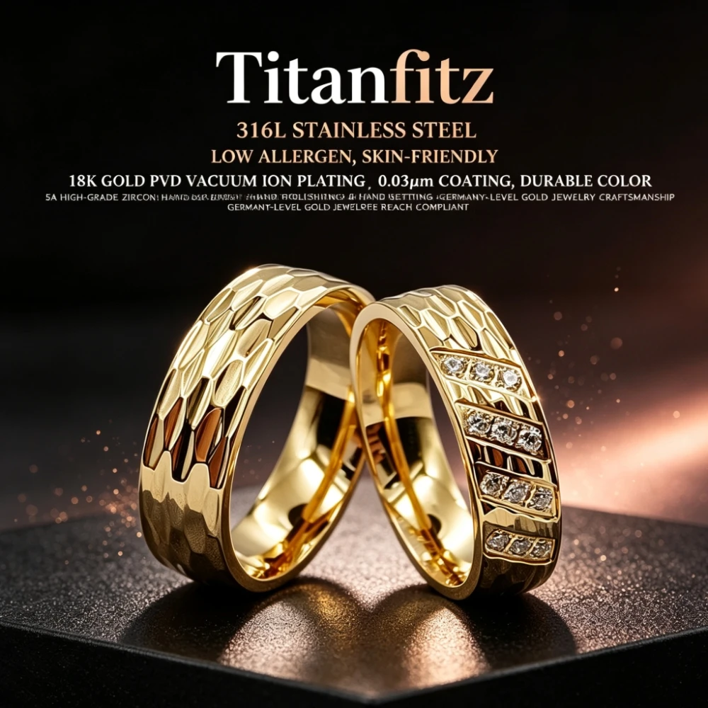 Balanced masculine & feminine Hammered 5A Sparkling Golden 316L Surgical Stainless Steel Engagement Couple Rings Wedding Bands