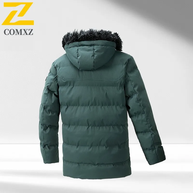 COMXZ 2025 Mens Korean Style Thickened Fleece Lined Long Winter Jacket Waterproof Windproof Fashion Hooded Thickened Coat