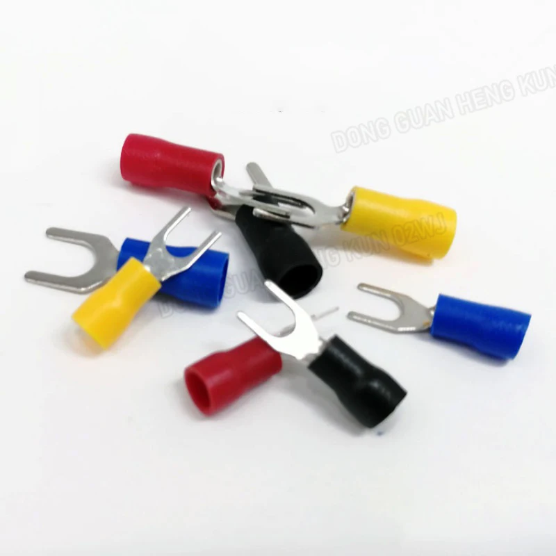 SV Series Cold Crimp Terminal Fork U/Y Type Insulated Spring PVC Sheath Electrical Connectors - Black Red Yellow Blue