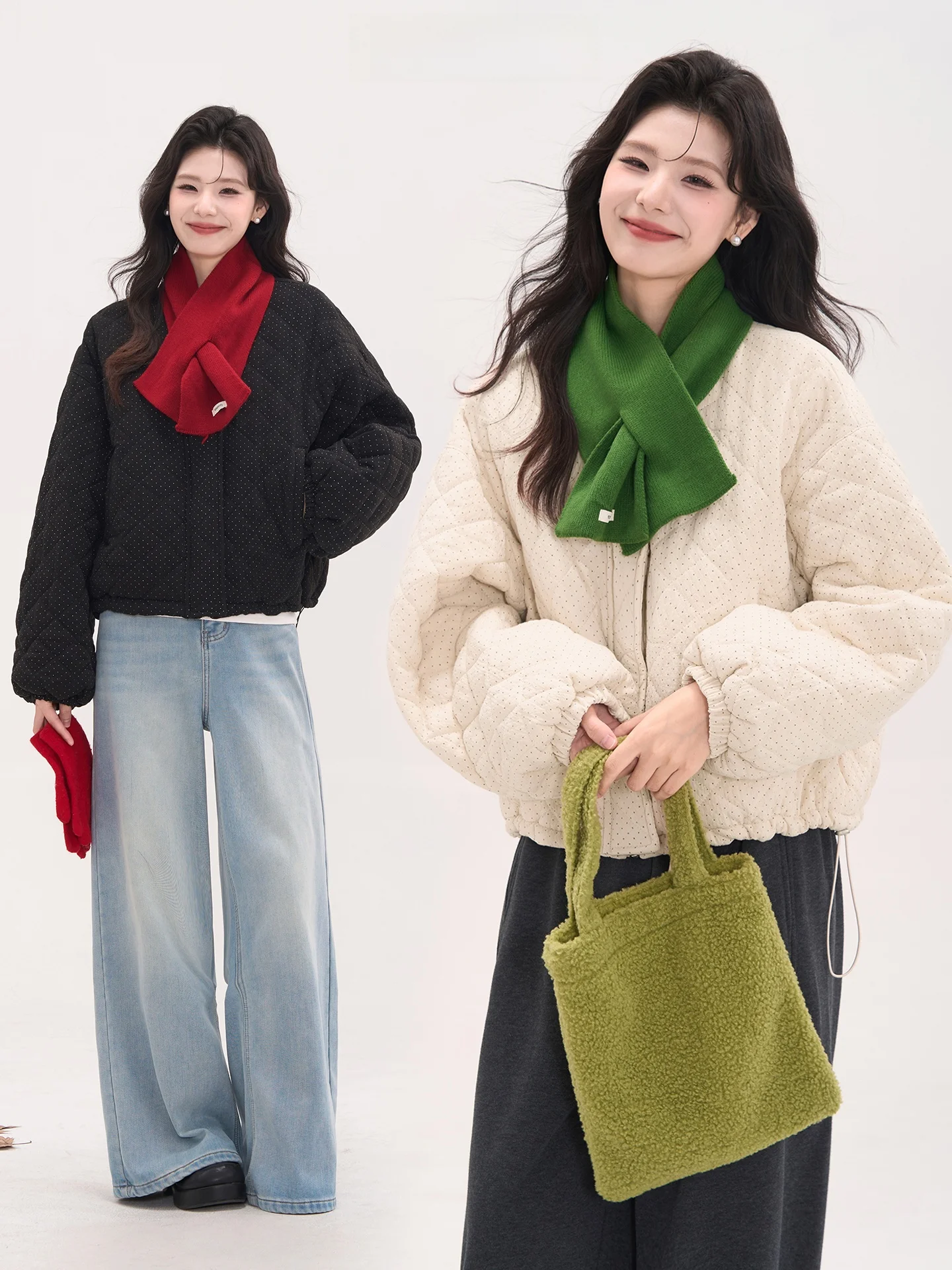 

Korean Sle Polka Dot Cotton Jaet Women's Bread Sle Outerwear V-Ne Zipper Closure Thiened Long Sve Coat