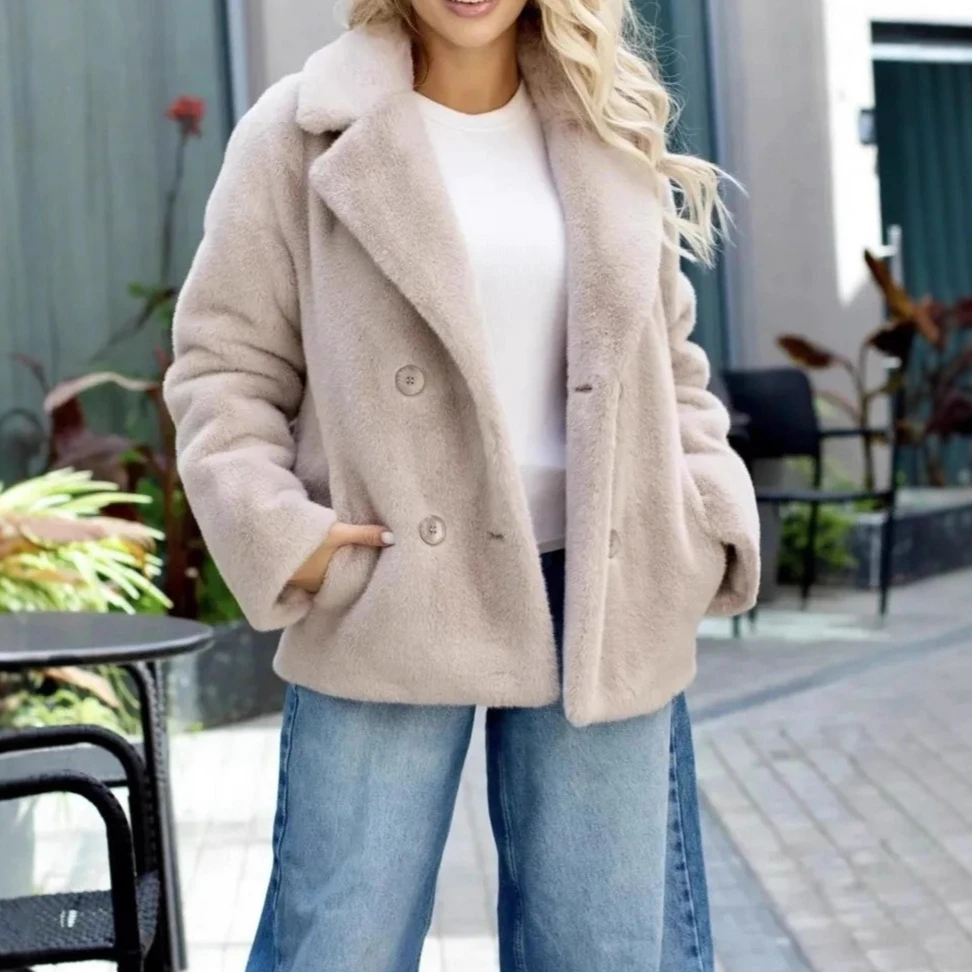 Faux Nertsen Bontjassen Vrouwen Effen Bont Jassen Riemzak Double Breasted Lange Mouw Revers Kraag Dikke Casual 2025, Herfst Winter