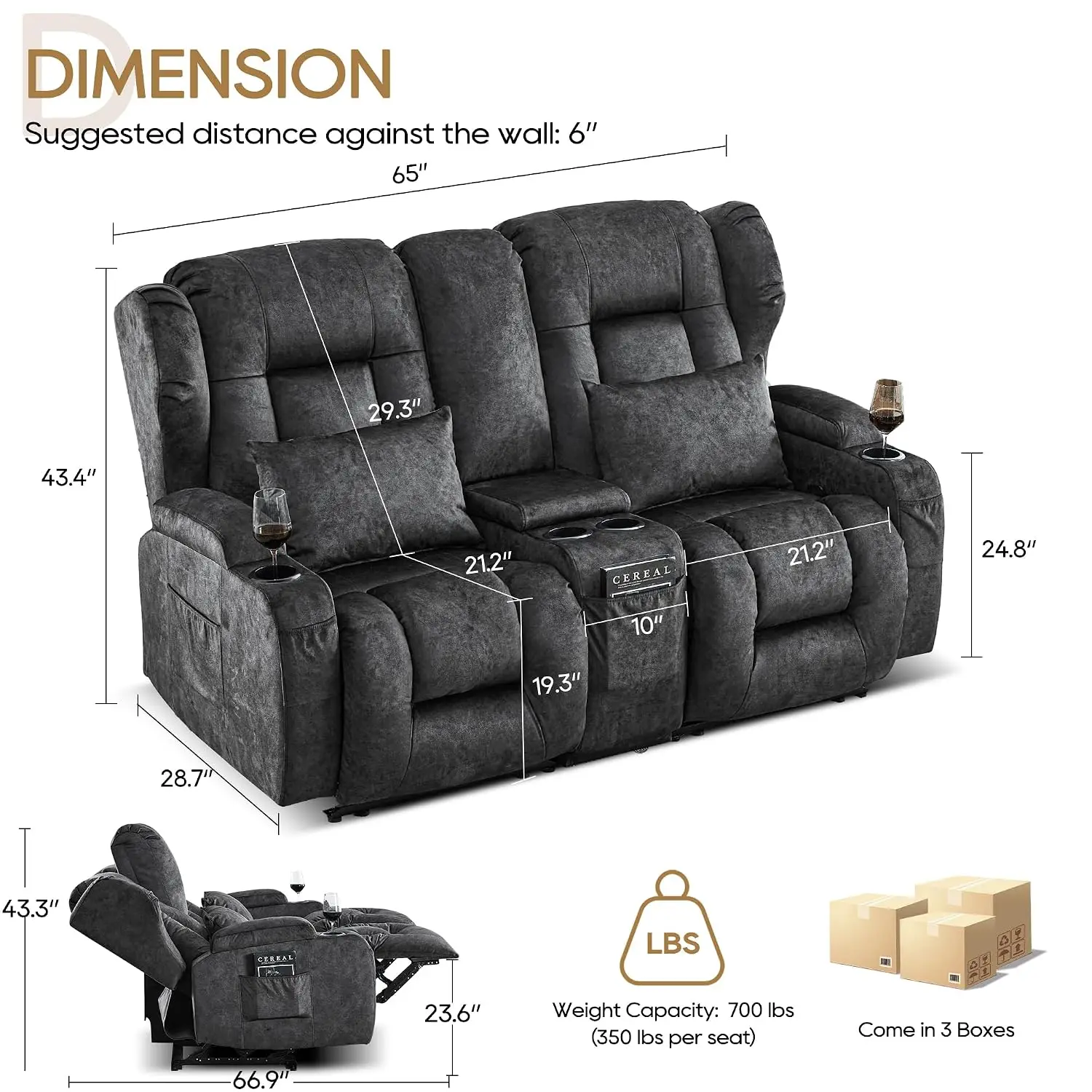 RV Double Wall Hugger Reclining Loveseat, Manual Recliner for Travel Trailer, 2 Seater with Console, Grey, Customized