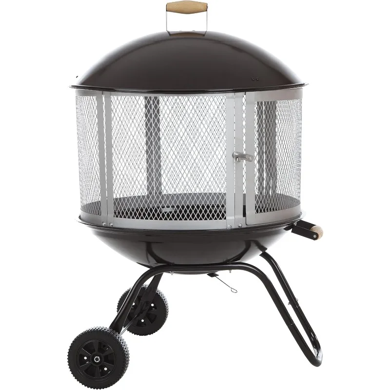 

01471 Fire Pit Bessemer Rolling Patio Fireplace Wooden Bonfire Porcelain Enamel Wood Burning with Wheels & Handle Gri
