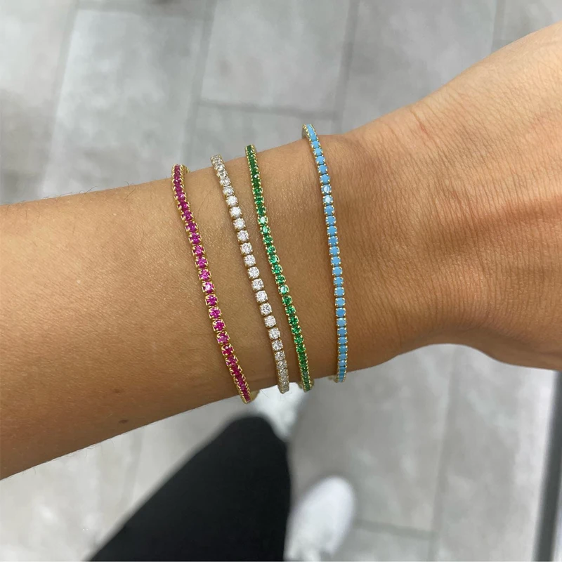 Kolorowe kryształowe bransoletka tenisowa dla kobiet wodoodporne wielokolorowe 3MM CZ ślub Birthstone łańcuszek na rękę sprzedaż hurtowa — zdjęcie 4