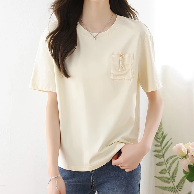 New Chinese Style O-Neck Short Sleeve Loose Casual Tops Women Oversized Pocket Solid Color Apricot T-Shirts Girls Streetwear