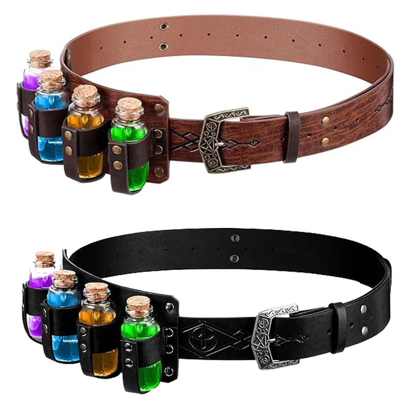 2PCS Medieval Retro Costume Accessories PU Leather Patterned Belt with Magic Cork Potion Bottle Renaissance Prop for Halloween Party Cosplay