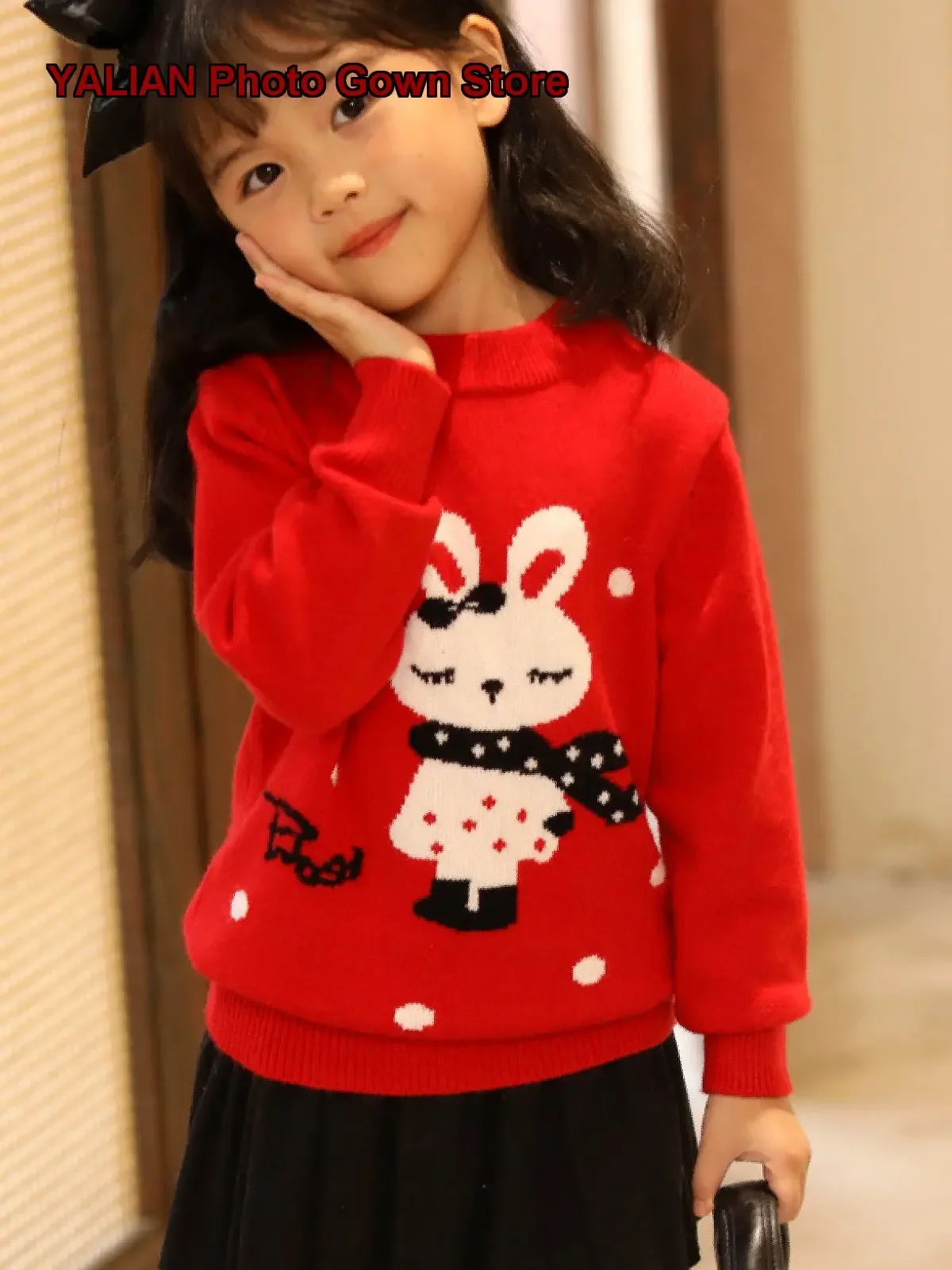 Girls Pullover Sweater Newborn Red Acrylic Knit Top Round Neck Long Sleeves New Year Kids
