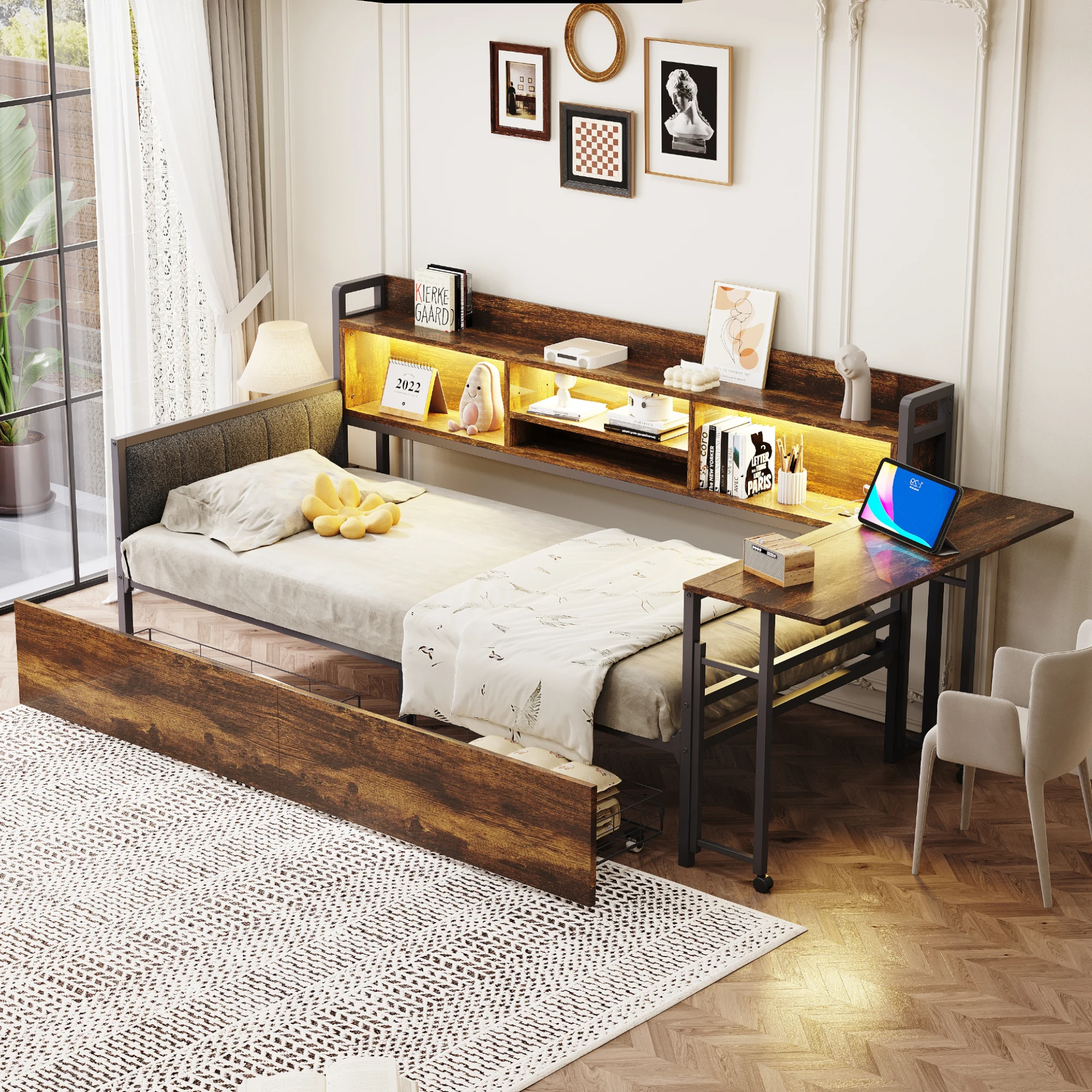 OkwishLit Banquette 90x200 Cm - Rangement - Rangement multifonctionnel - Contemporain - Blanc / Naturel
