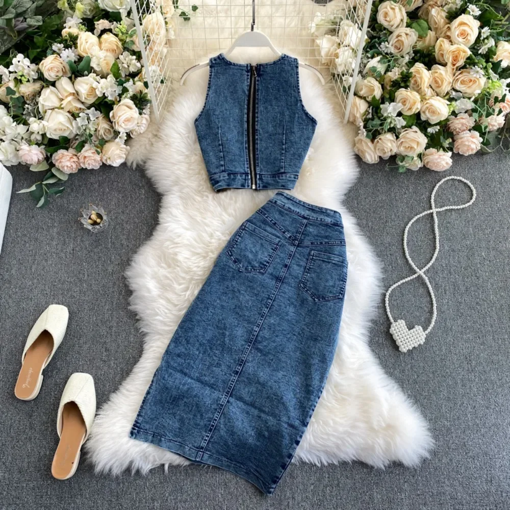 Neploe Elegant V Neck Sleeveless Vests Sets High Waist Slim Fit Vent Irregular Skirt French Style Denim Sexy Suits Mujer Faldas