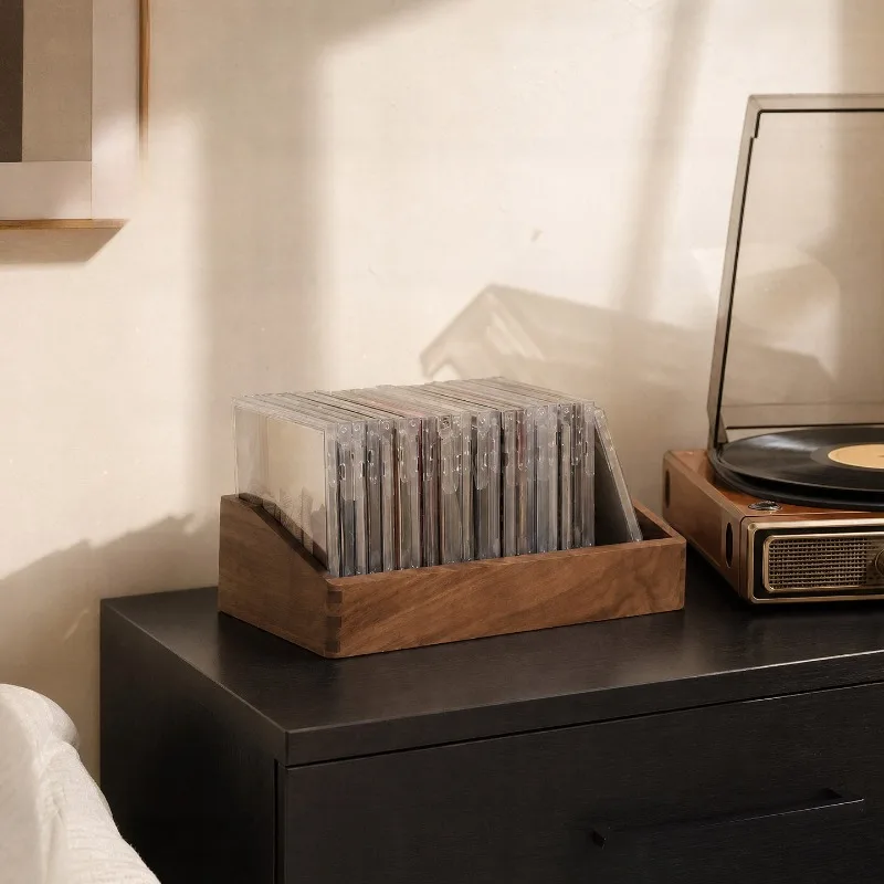 Solid Wood CD Storage Box, Large‑Capacity Disc DVD Display Rack, Retro Movable Desktop Holder for Disc Collection