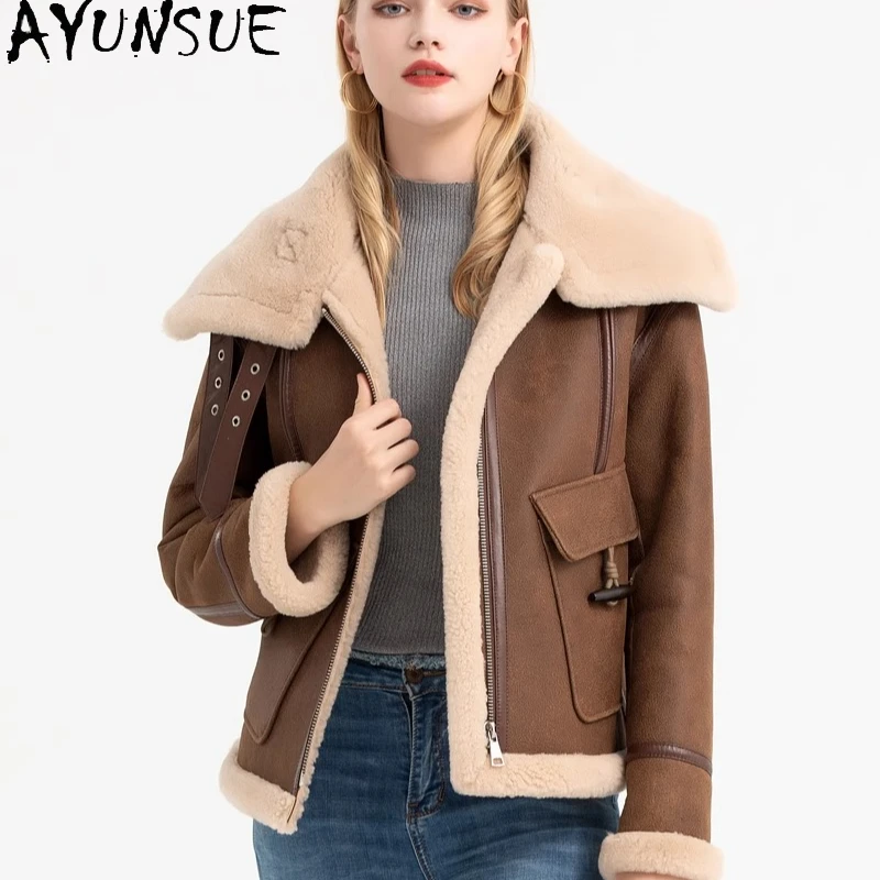 

AYUNSUE Real Leather Jacket Women Winter Motocycle Coat 2025 Natural Sheepskin Fur Coat Womens Clothing Lamb Wool Пальто Женское