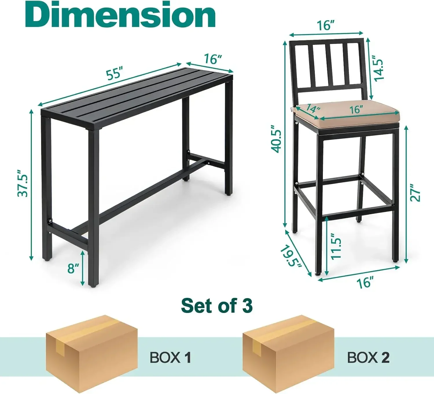 3 Piece Outdoor Patio Bar Set, 55" Rectangular Pub Height High Top Bar Table with 2 Cushioned  Stools, MetalTable