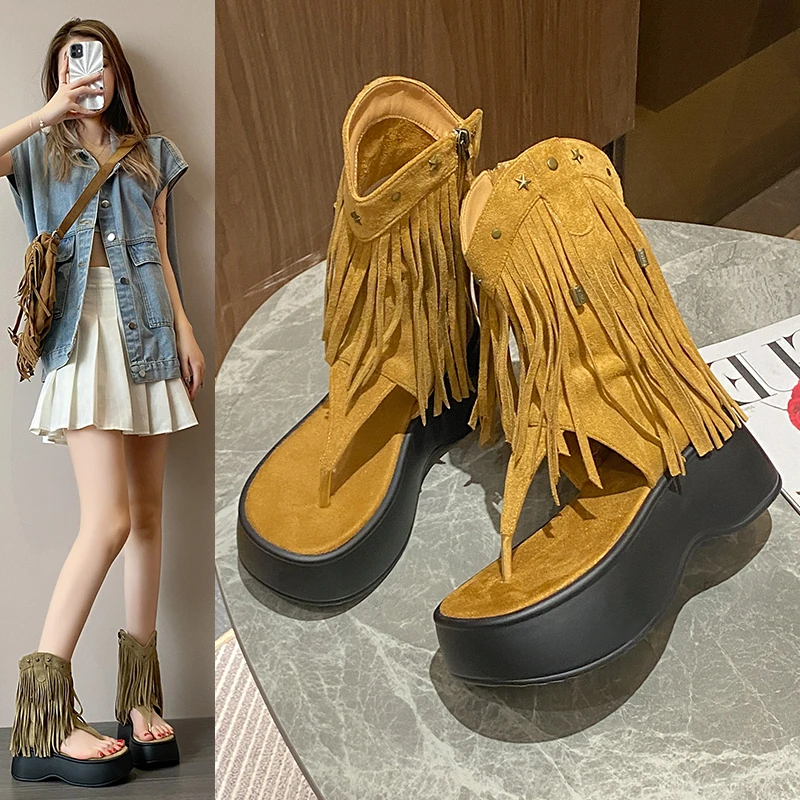 2024 Chunky Heels Sandals Punk High-Top Tassels Shoes Women Open Toe Platform Wedge Heels Summer Sandale  Femme