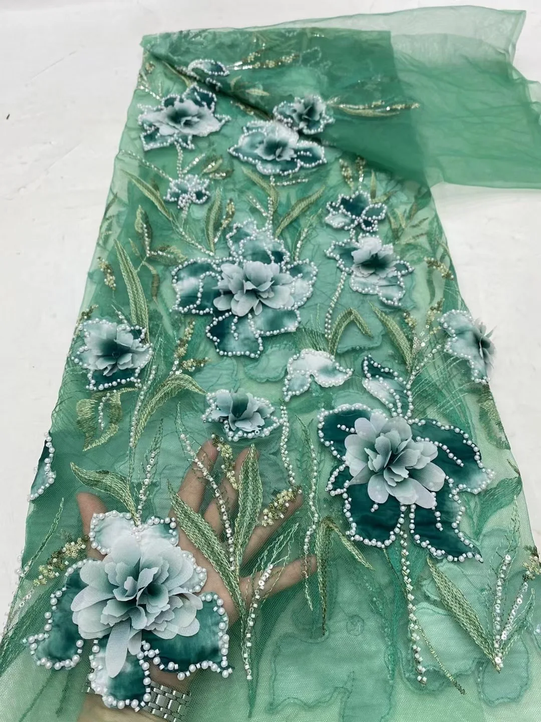 2024 Latest African 3D Flower Lace Fabric Dubai Sequins Tulle Lace Fabric Embroidered Nigerian For Sewing Dress 5 yards DP0263