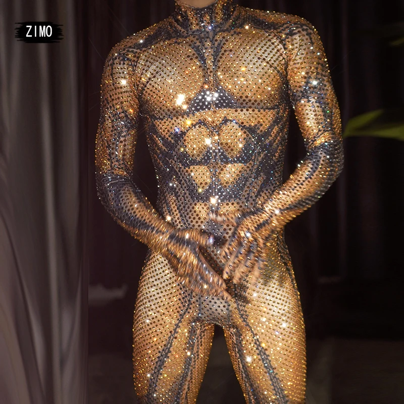 luxury Sparkly Rhinestones blue long sleeve Jumpsuit gloves muscle sexy Performance Stage Celebrate club dance festival outfit