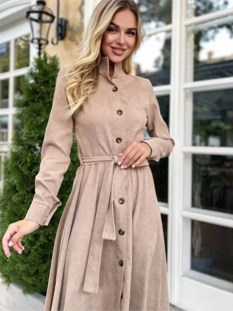 New Vintage Corduroy Women Dress A-line Long Sleeve Fashion Midi Dress With Belt Single Breasted Elegant Chic Pleated Dresses