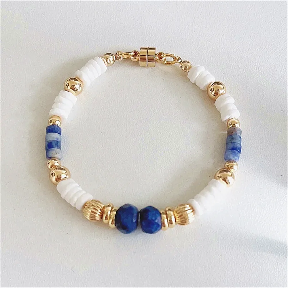 Natural White Shell Bracelets Vintage Handmade Jewelry Irregular Shape Natural Lapis Lazuli Beads Bangle Women For Party Mother'