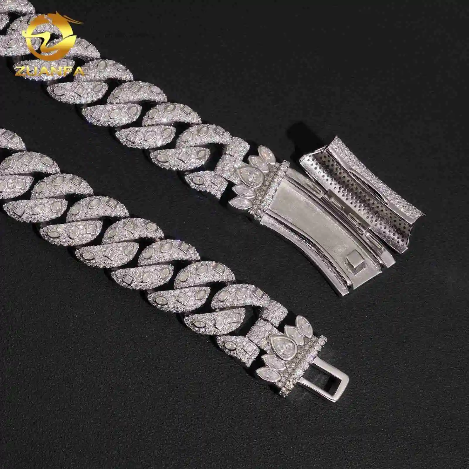 Arrivals New Luxury High Quality Iced Out Mens Hip Hop 925 Silver 20mm Fancy Shape Moissanite Cuban Link Chain.