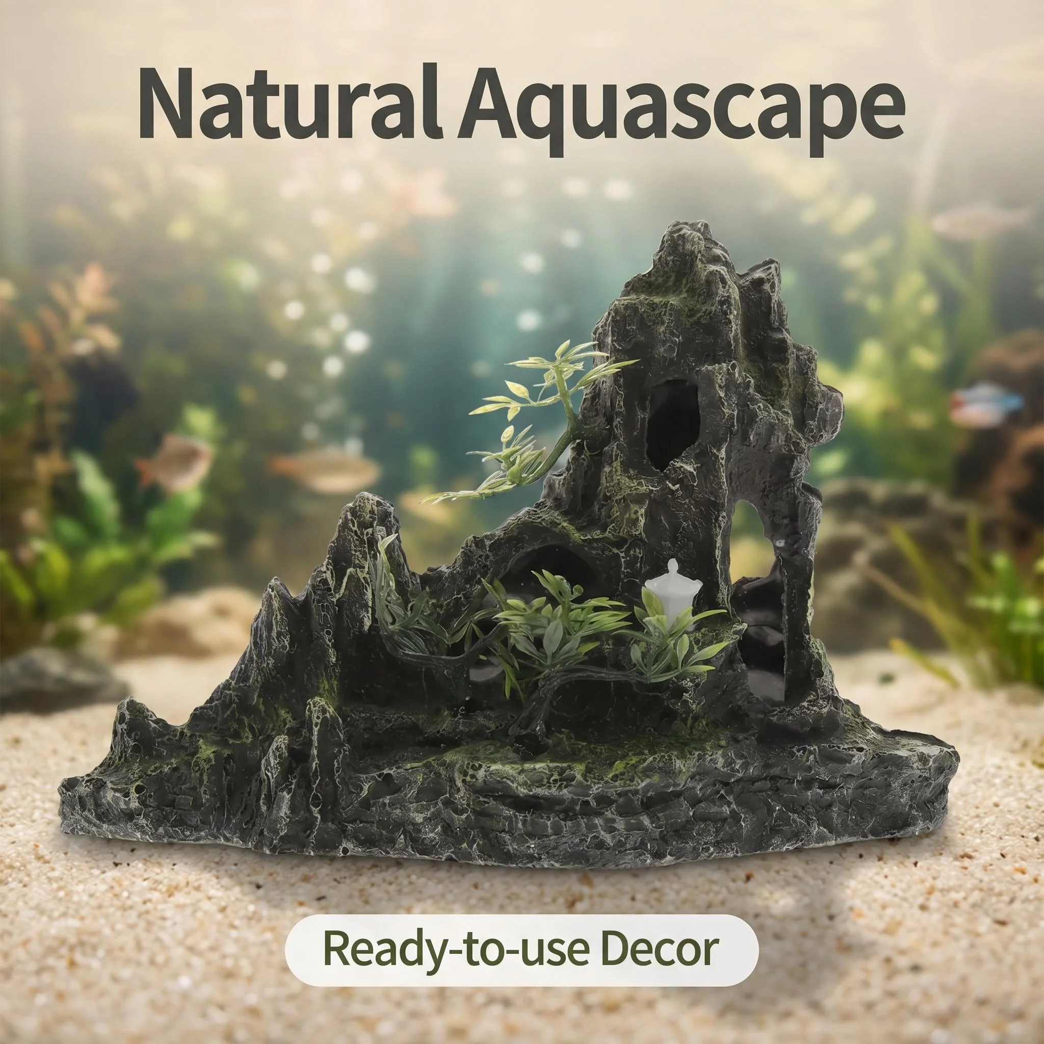 Ornement de montagne pour aquarium, décoration en résine pour aquarium avec plusieurs plantes artificielles, grottes, cachette sécurisée pour poissons et crevettes, décoration de paysage naturel pour aquariums d'eau douce et d'eau salée