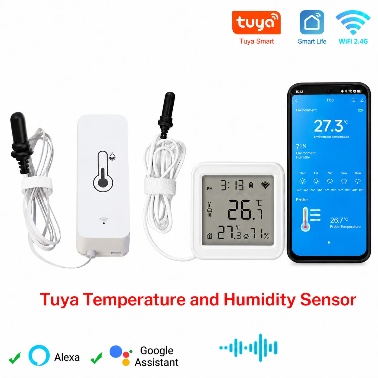 Tuya WiFi Temperature Humidity Sensor with Waterproof Probe For Refrigerator Freezer Aquarium, Smart Life App Remote Monitor