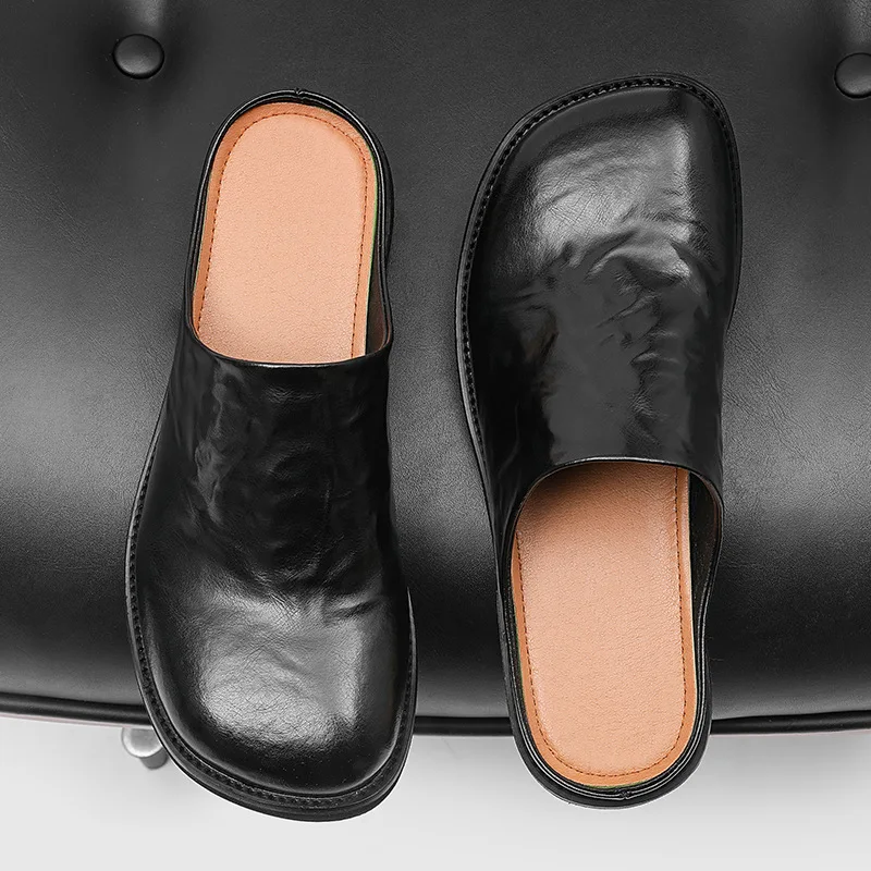 Square head half slippers men's casual one-pedal retro high-end commuting casual bag head drag